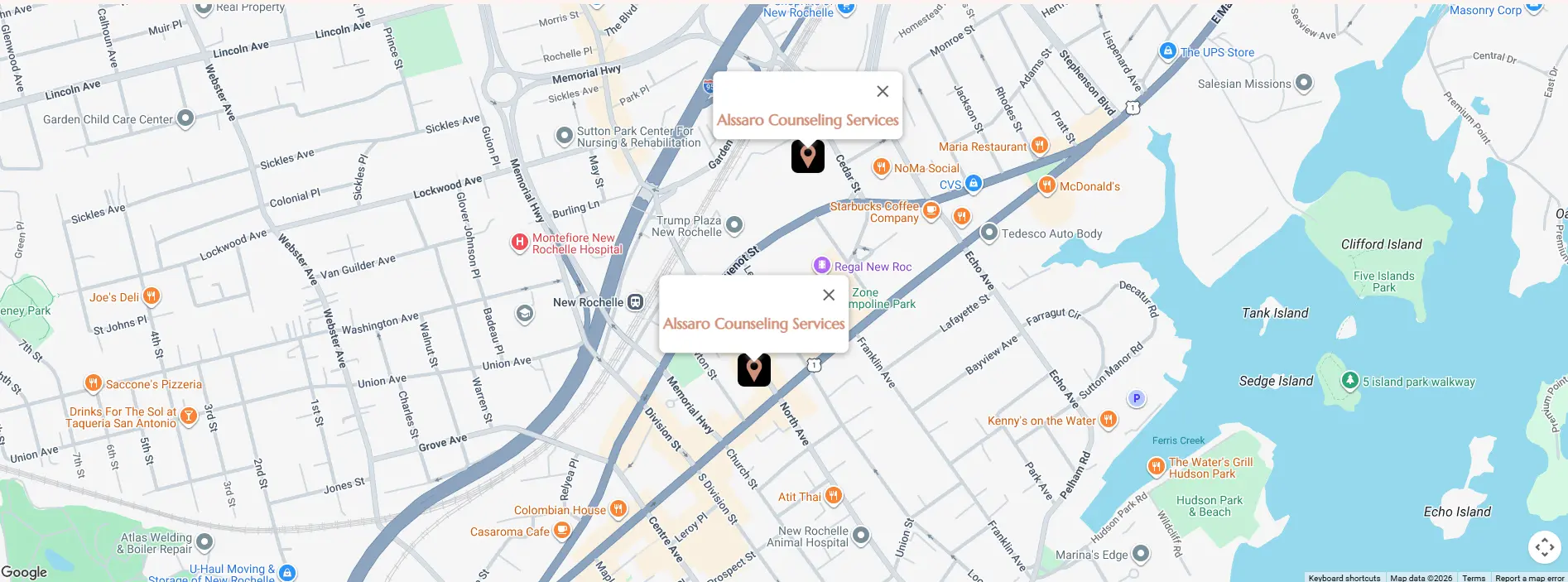 Map to Alssaro Counseling Services in New Rochelle, NY